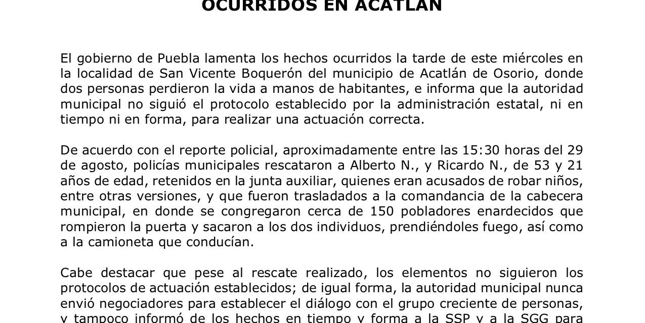 Gobierno de Puebla lamenta hechos de Acatlán