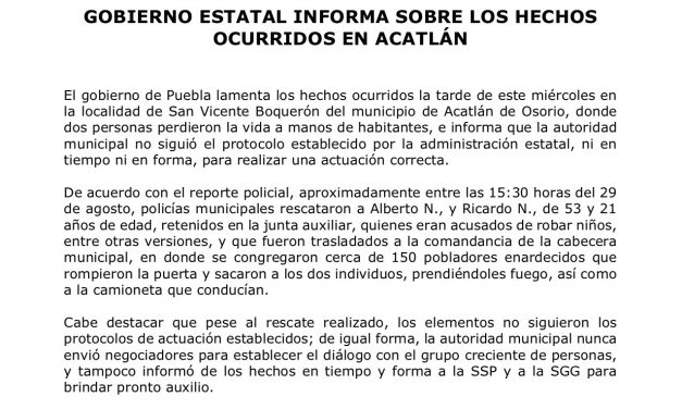 Gobierno de Puebla lamenta hechos de Acatlán