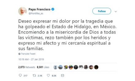 Papa expresa condolencias por tragedia en Tlahuelilpan