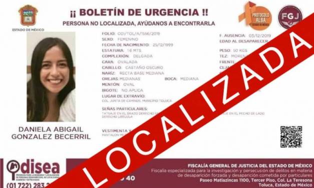 Localizan a Daniela González tras desaparecer este martes en Toluca