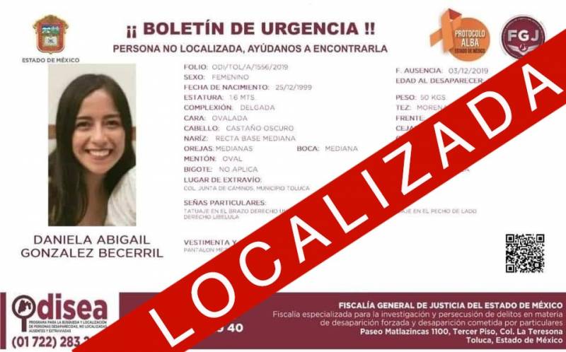 Localizan a Daniela González tras desaparecer este martes en Toluca