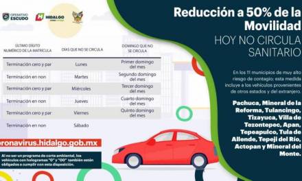 Se reactiva el «Hoy no circula sanitario» en 11 municipios de Hidalgo