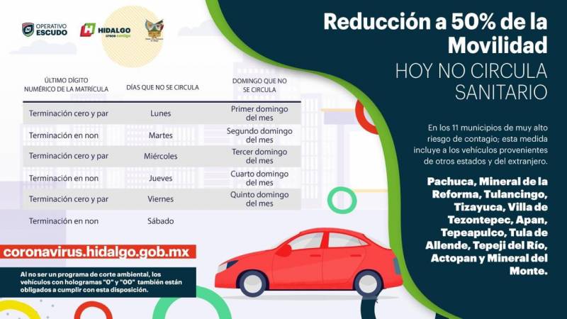 Se reactiva el «Hoy no circula sanitario» en 11 municipios de Hidalgo