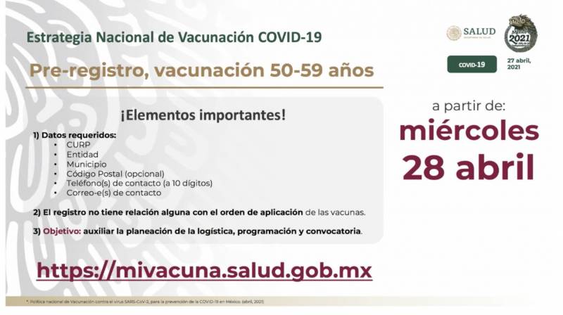 Mañana inicia registro para vacunación de personas de 50 a 59 años