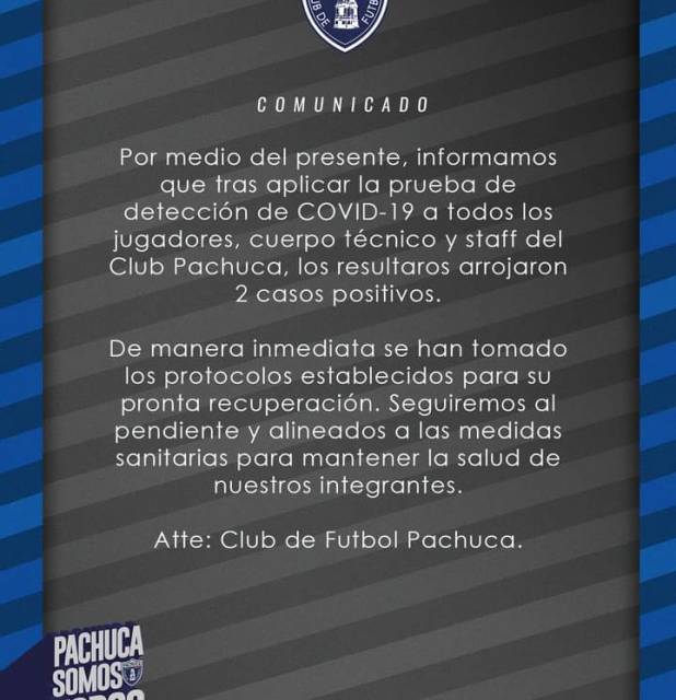 Club Pachuca anuncia 6 positivos a Covid