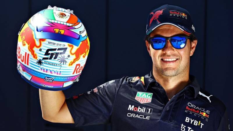 Presenta Checo Pérez el casco edición especial del GP de Miami
