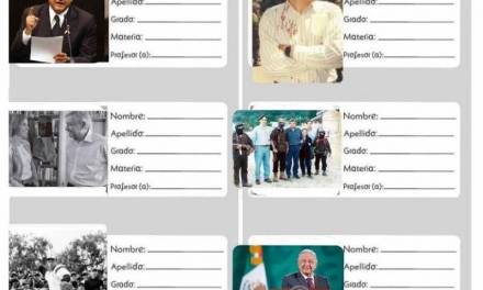 Presenta Morena etiquetas para útiles escolares con la imagen de AMLO