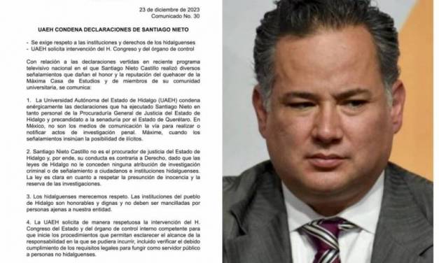 UAEH exige intervención del Congreso ante declaraciones de Santiago Nieto