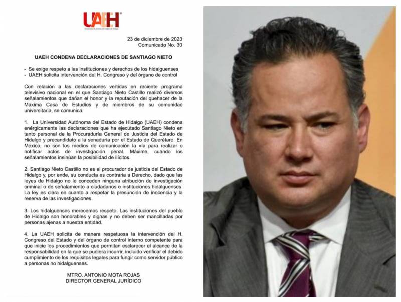 UAEH exige intervención del Congreso ante declaraciones de Santiago Nieto