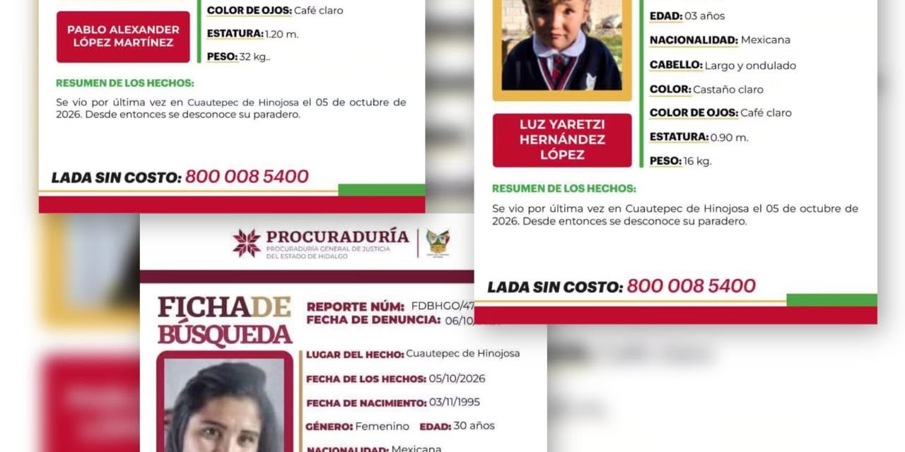 Buscan a familia desaparecida en Cuautepec; suman 77 fichas en Valle de Tulancingo